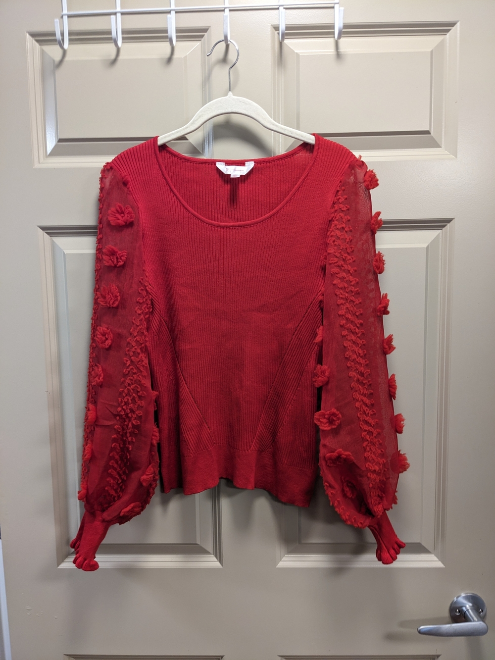 No Boundaries Red Pom-Pom Sleeve Knit Top Junior Size L (11-13)